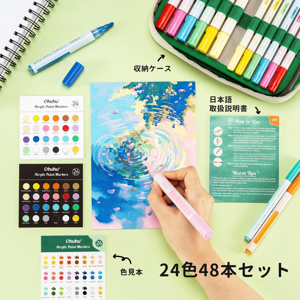 Ohuhu Acrylic Set In 24 Fine Point Medium Point Broad Point Fabric Pens for Gift Markers, 48-Piece Colors, 0.7mm, 1.8-2.5mm, 4mm, Bags, Metal, Stone,