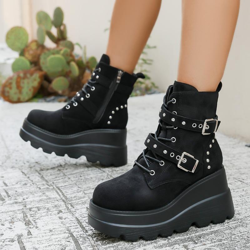 Fashion Wedge Cotton Boots Winter New Round Toe Front Lace-Up Rivet Metal Buckle Platform Anti-Slip Wear-Resistant Short Shoes