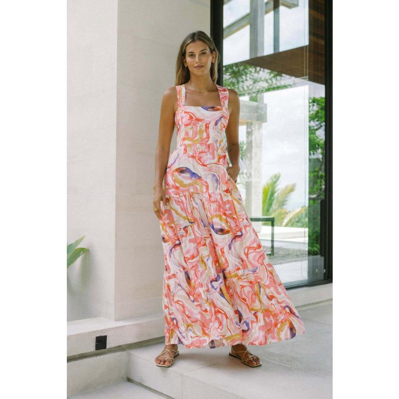 

YYFS Женская мода Лето Весна Цветочный узор Принт Без рукавов Подтяжки Высокая талия Повседневные платья XL оранжевый