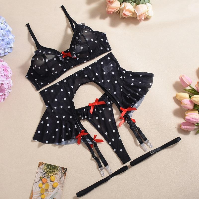 Sexy bra perspective polka dot mesh contrasting color erotic underwear set women