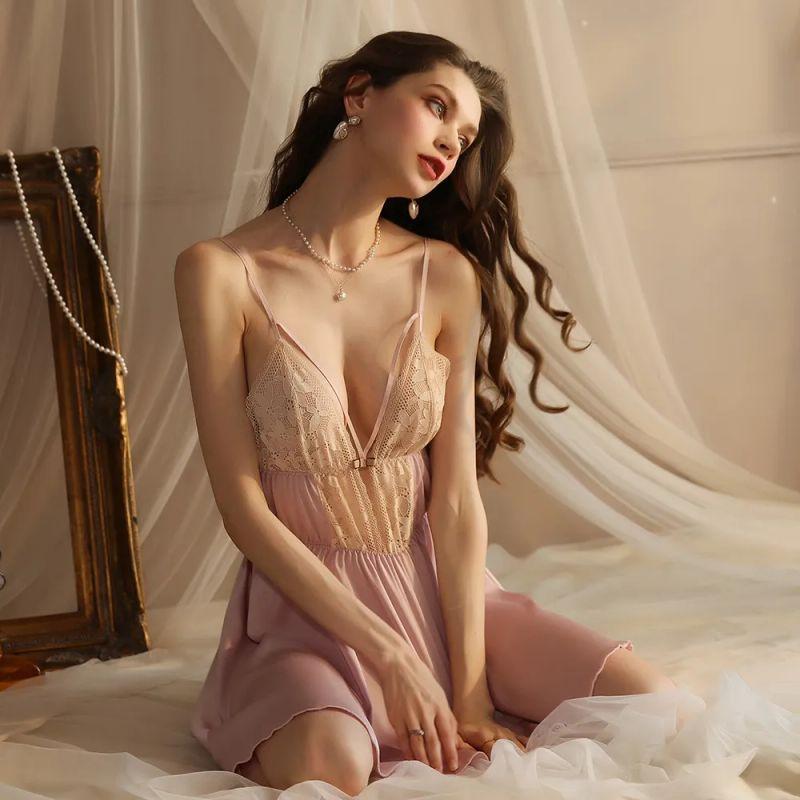 

New Arrival Exquisite Sexy Thin Nightdress/Hot Lace Deep V Perspective-Free Suspender Skirt/Passion Bed Pajamas White M