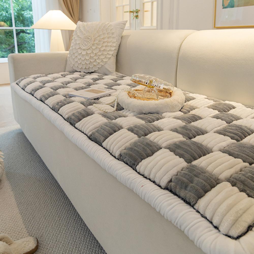 

1 шт. Французская легкая роскошная толстая прямая клетчатая плюшевая нескользящая диванная подушка 70x150cm светло-серый