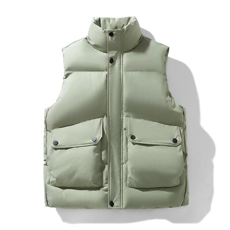 Men's Stand Collar Quilted Puffer Vest Snap Button Zip Up Sleeveless Padded Jacket With Pockets Thick Winter Outerwear
