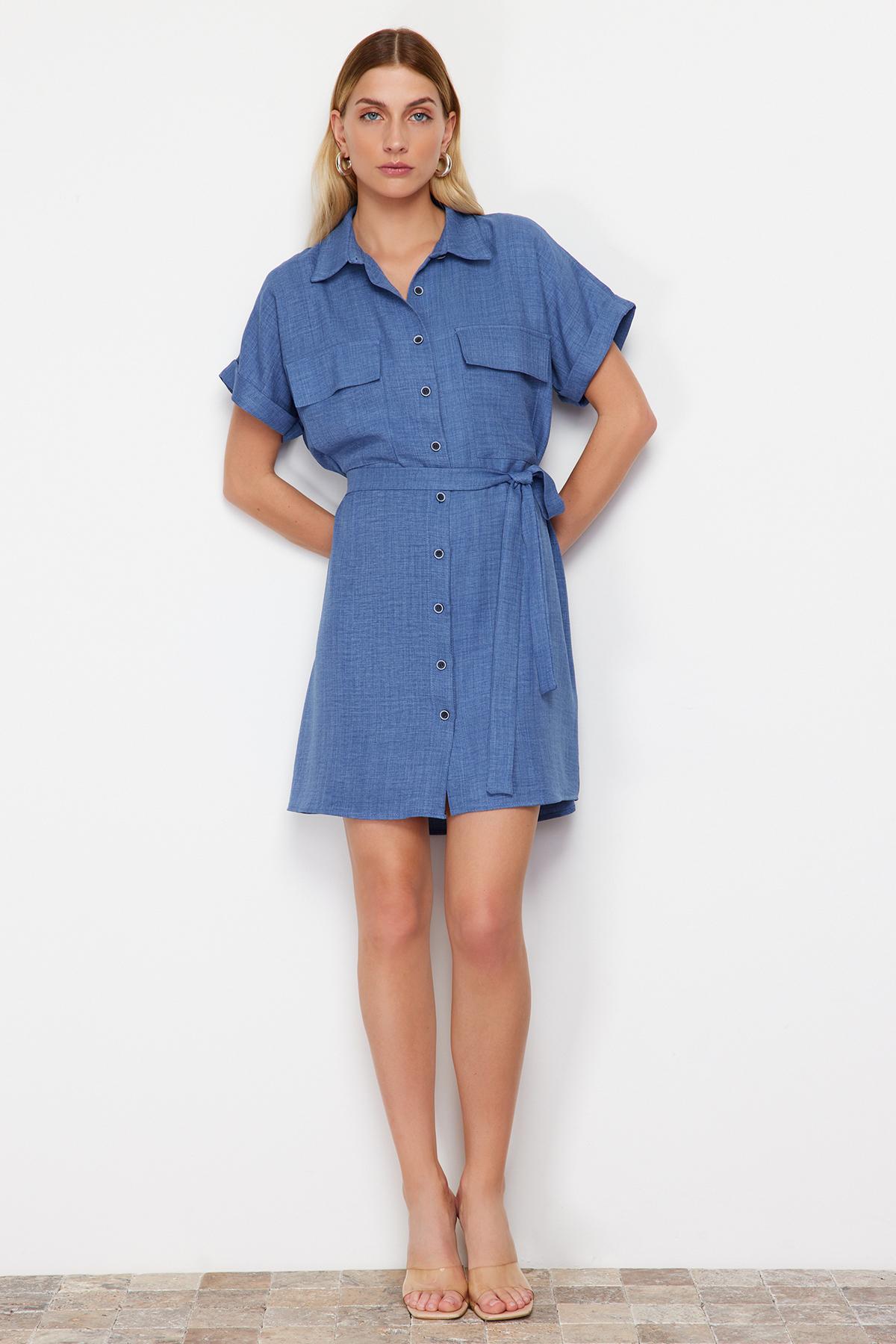 

Women s Fashion New Dress Indigo Belted Pocket Detailed Mini Woven Shirt Dress XS аліса синього кольору