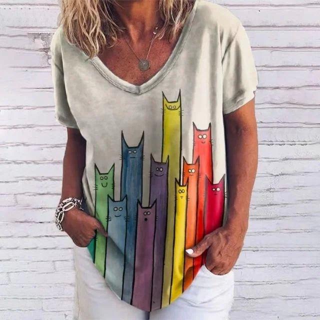 Summer V-neck 3D Cat Printed Top Fashionable Casual Short Sleeved Women's T-shirts