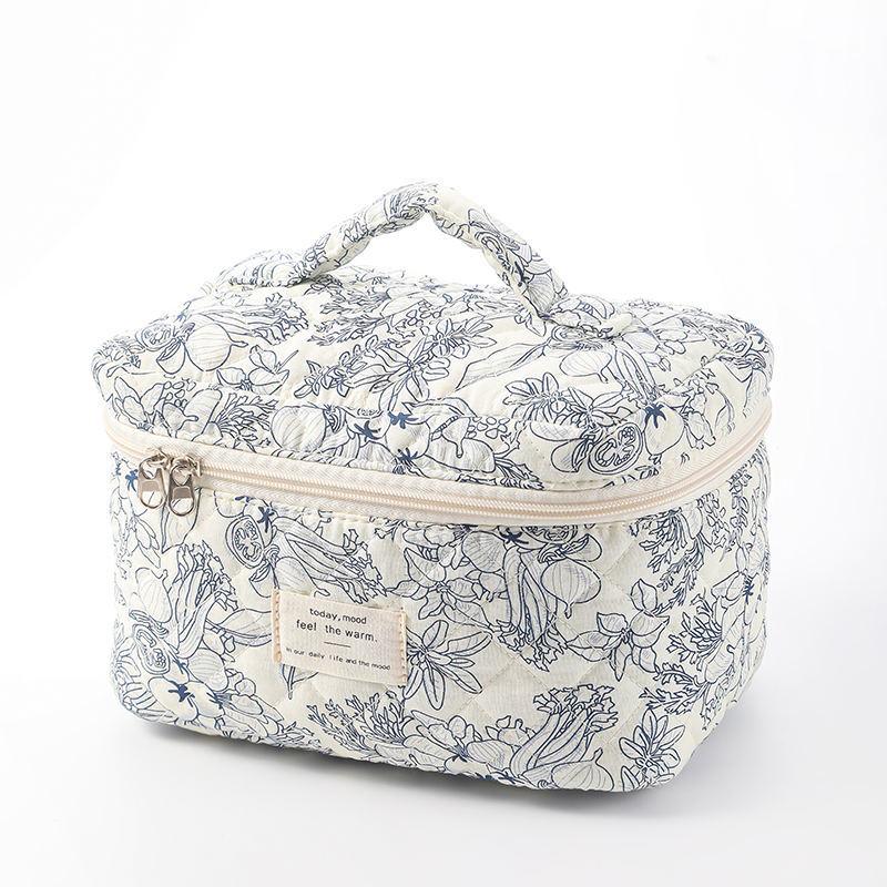 Large-Capacity Quilted Cotton Floral Makeup Bag - Portable and Cute for Travel or Student Use
