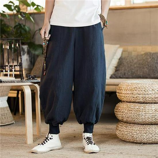 Men's Loose Linen Tang Suit Pants - Chinese Ancient Style Monk Pants