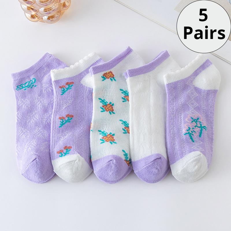 Xiaomi 5 Pairs Women's Summer Hollow Breathable and Comfortable Casual Short Socks Small Fresh Purple Flower Women's Socks