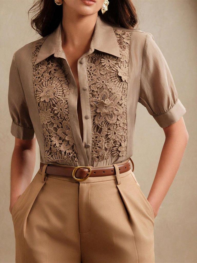 Spitzenpatchwork lässiges kurzärmeliges Damenhemd - Trend 2025