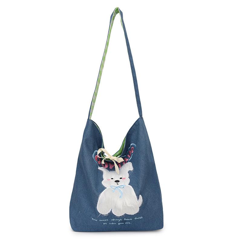 2025 New Underarm Shoulder Bag Cute Puppy Canvas Bag Female Retro Denim Bag Student Class Bag
