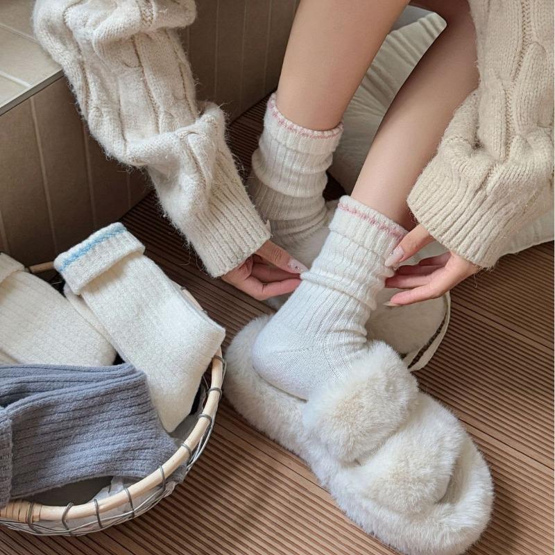 Thick, Warm, Soft and Fluffy Fleece Mid-calf Socks for Autumn and Winter, Solid Color Sweet Pile Socks, Versatile for Women