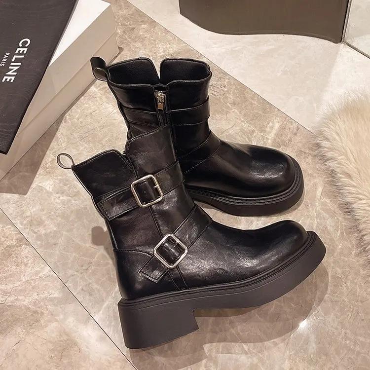 

Ретро Британские Сапоги-Трубы Женские 2024 Зимние Новые Универсальные Узкие Ботильоны Плюс Кашемировые Хлопковые Сапоги 35 чёрный