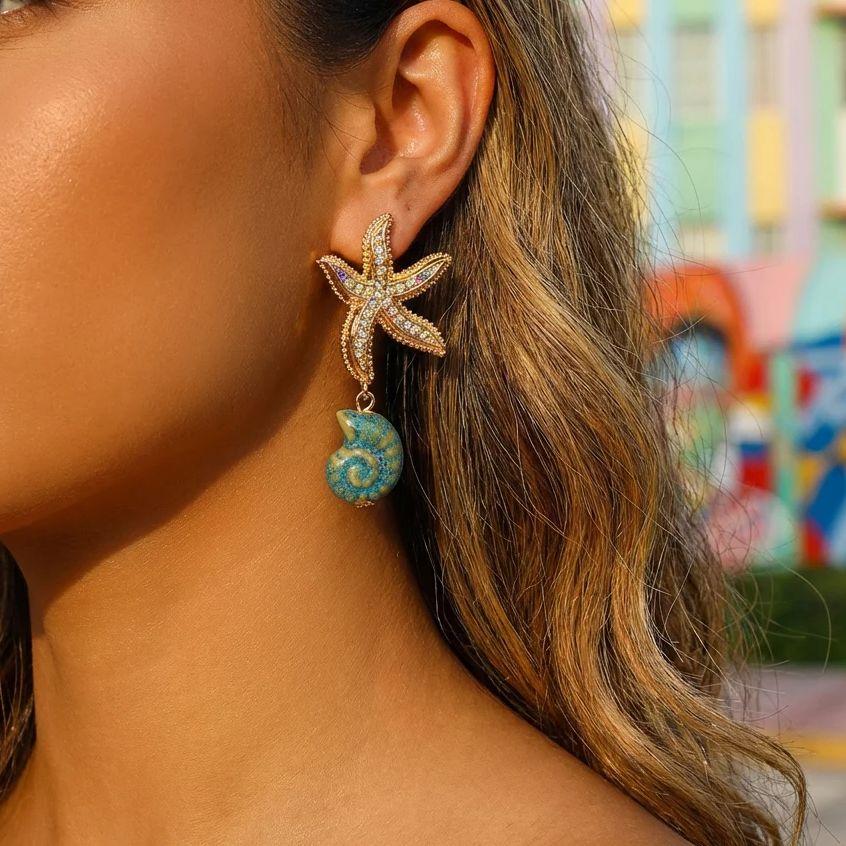 Summer Boho Rhinestones Starfish Earrings for Women Trendy Ceramic Conch Drop Earrings Holiday Party Jewelry Accessories