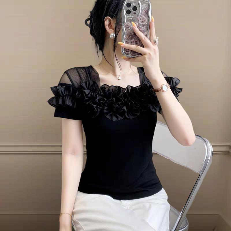 Klassisk Sommer Dame Mesh Volang Blomsterpynt Firkantet Krage Kort Ermet T-skjorte Elegant Boutique Dame Casual Topper T-skjorter