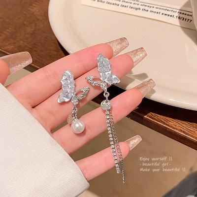 Brincos Assimétricos de Borla de Borboleta em Prata S925 com Cristal Diamante Azul e Pérolas para Mulheres - Primavera/Verão.