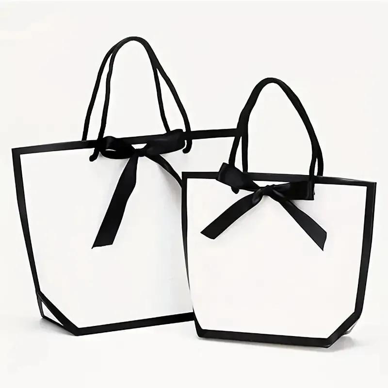 10pcs Ribbon Bow White Pardboard Paper Tote Gift Bags with Handles Shopping Party Wedding Party Birthday Retail Bags