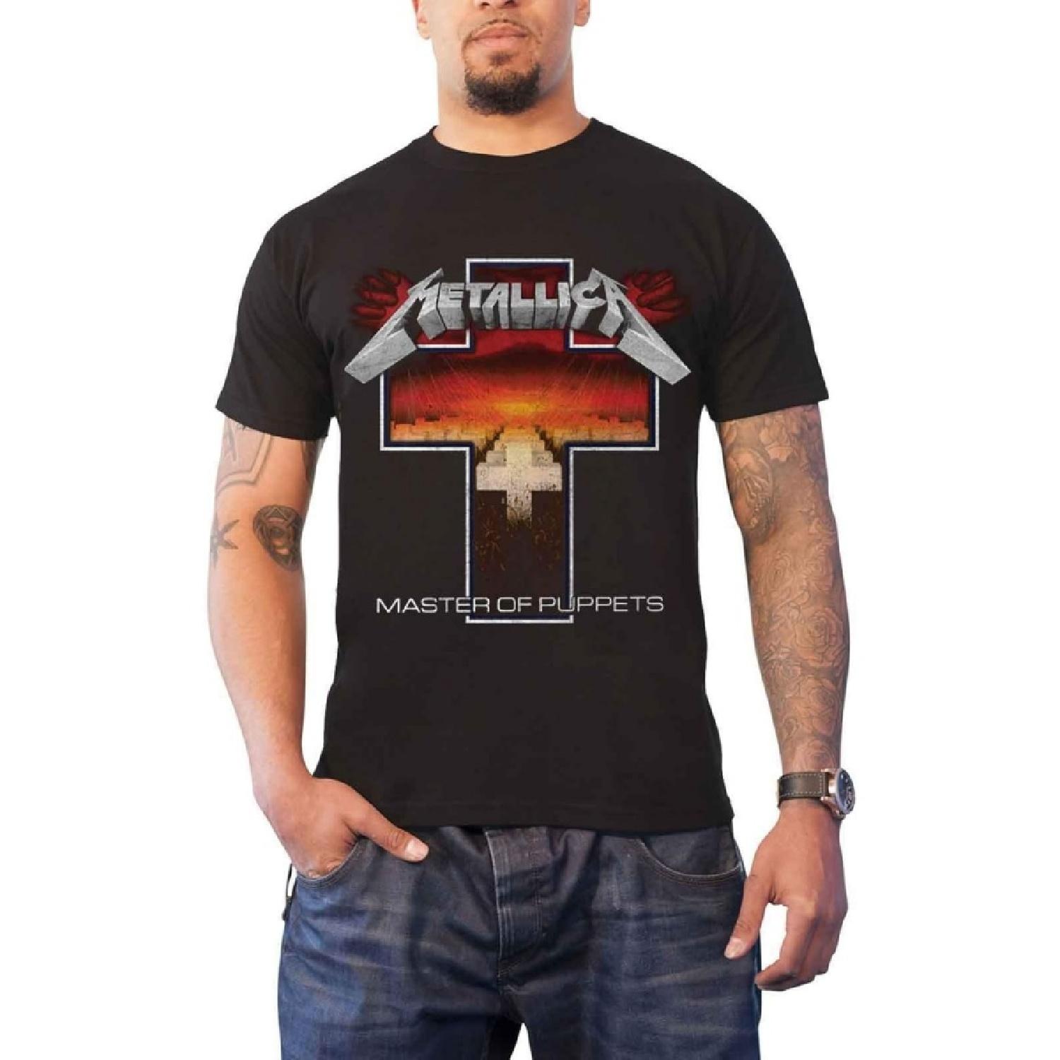 Metallica T Shirt Master Of Puppets Cross Band Logo Official Mens Black Size S
