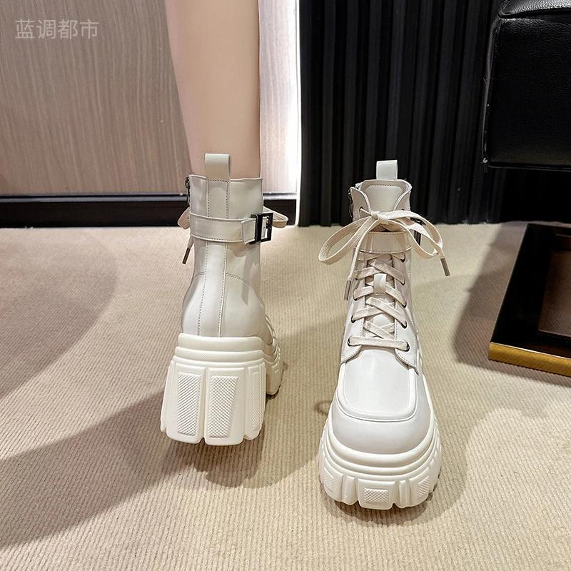 Fashion 9CM Women's Ankle Boots New Ladies Platform Leather Short Boots High Heels Winter Warm Plush Chunky Booties Fur Snow Shoe Woman