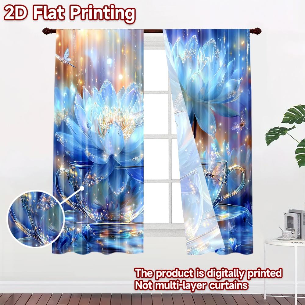 2D Flat Printing 2pcs Curtains Blue Lotus Fairy Dreamscape Digital Printed Polyester Drapes Seasonal Party & Holiday Decor