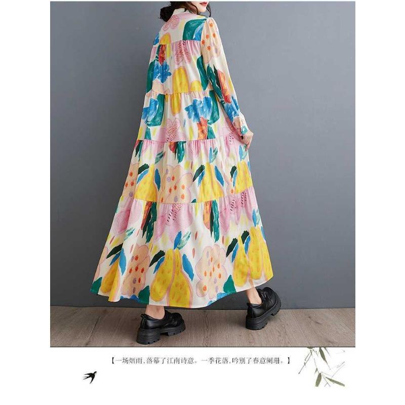 New Large Size Loose Thin Fashion Long-sleeved Printed Mid-length Dresses