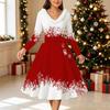 Rochie Midi cu Imprimeu de Crăciun pentru Femei, Mânecă Lungă, Decolteu în V, Margine Blănoasă, Croială A-Line, Rochie de Petrecere, Ediție Limitată de Crăciun