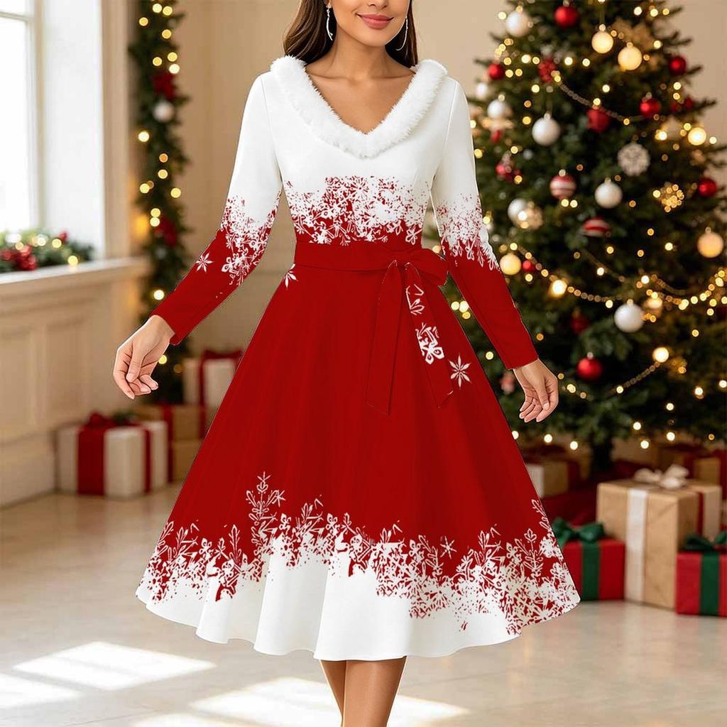 Rochie Midi cu Imprimeu de Crăciun pentru Femei, Mânecă Lungă, Decolteu în V, Margine Blănoasă, Croială A-Line, Rochie de Petrecere, Ediție Limitată de Crăciun