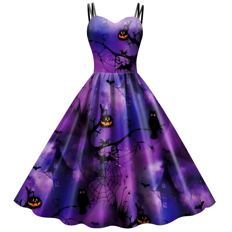Halloween Dress Girl, Suspender Bat Pumpkin Digital Print Dress