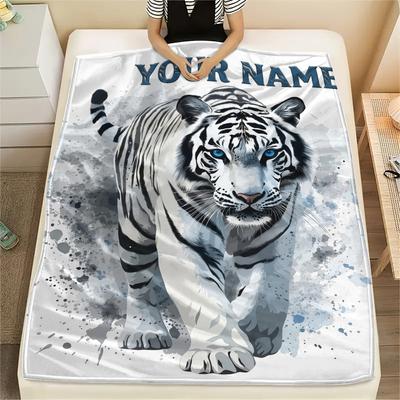 1PC Custom Name White Tiger Artwork Patterned Flannel Blanket Suitable For All Seasons for Home Decor Warmth and Comfort Gifts Holiday Present_lx