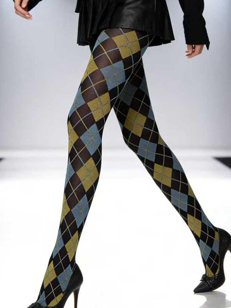 

Retro Colored Diamond Checkered Striped Pantyhose 80D Striped Color Blocked Thin Tights Stockings One Size