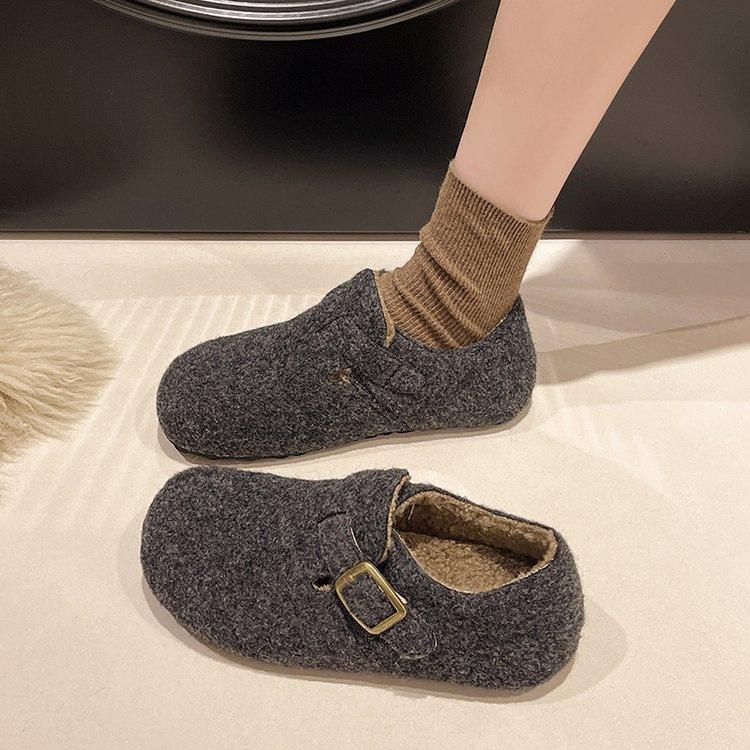 Autumn and Winter Retro Wide Head Plush Cotton Shoes, One Step Plush Casual Women's Shoes, Korean Round Head Warm Casual Shoes