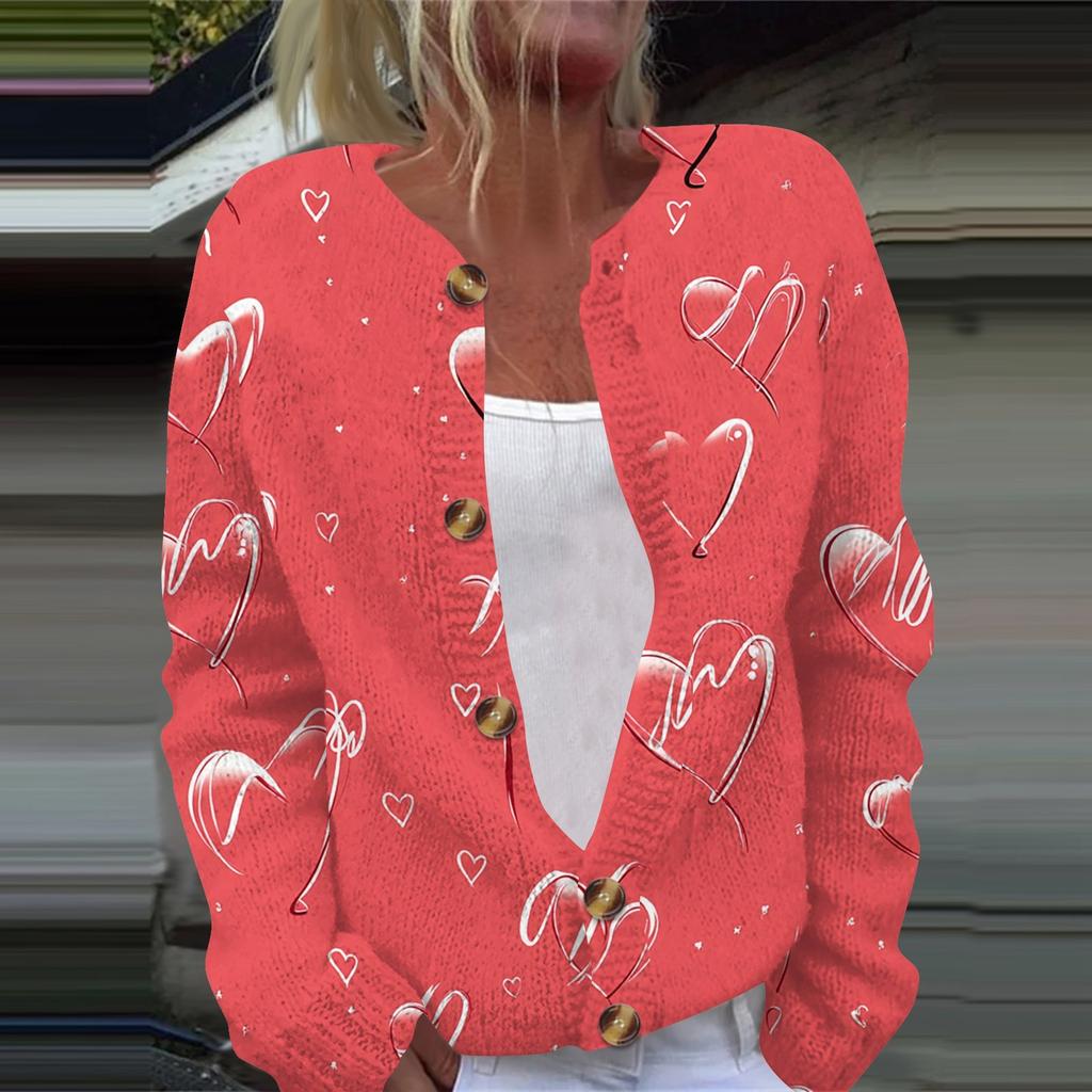 Women's Fashion Valentine's Day Heart Printed Long Sleeve Knitted Cardigan Button Jacket