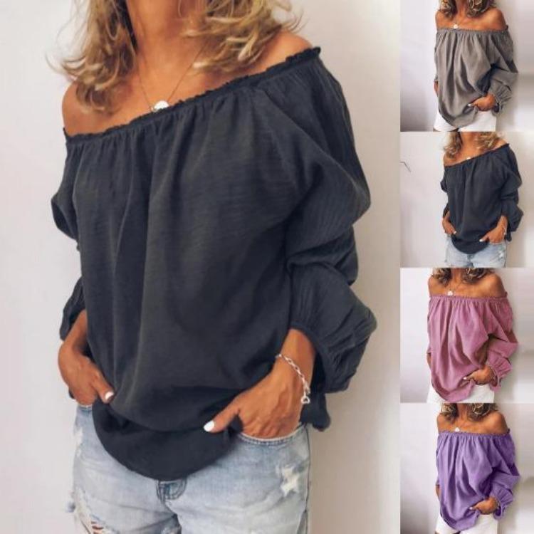 Party Top Autumn Winter Solid Color Women Blouse Pleated Off Shoulder Long Sleeve