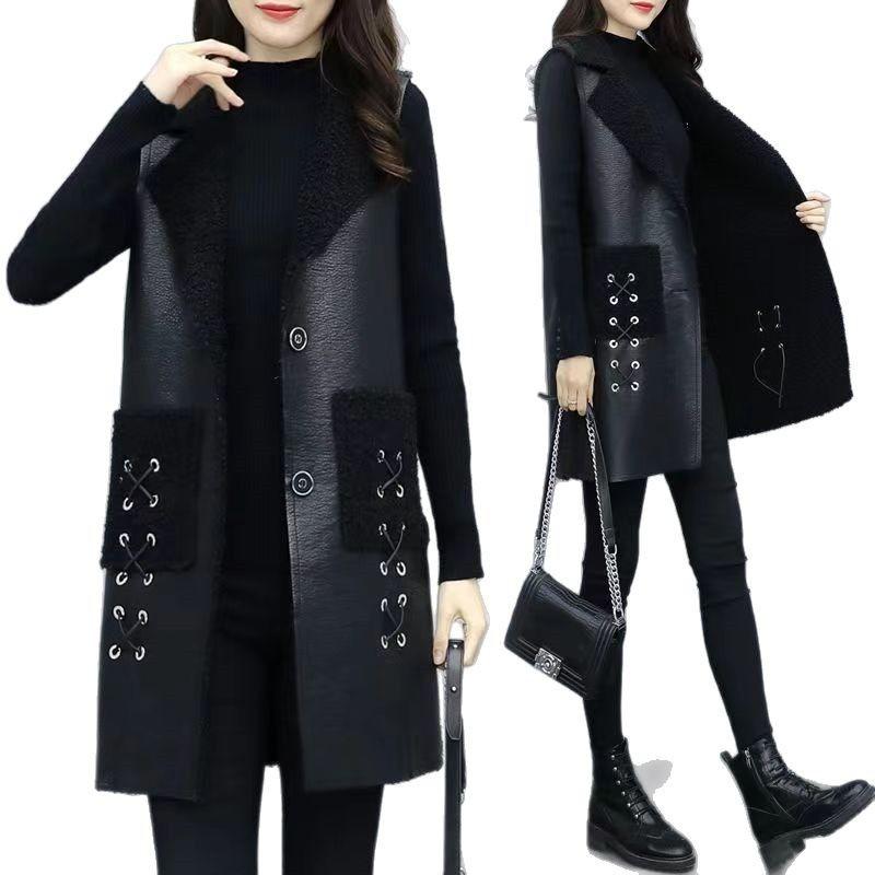 Haining Leather Vest Spring Autumn Winter Medium and Long Thickened Vest Vest Large Size Skinny Jacket Leather Women