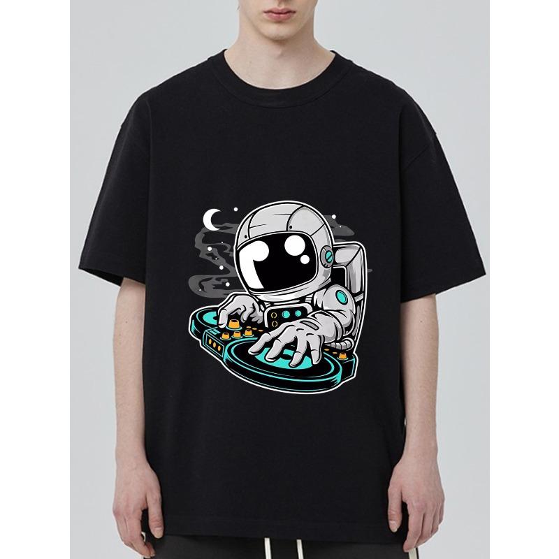 Astronaut Dj T Shirt Black Space Astronaut Mixing Music on Turntable Print Casual Streetwear for Men and Women