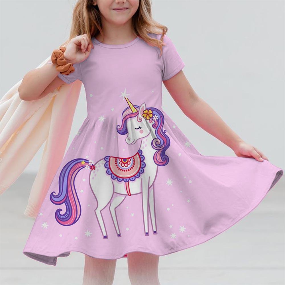 Robes d'été pour filles Licorne Enfants Robe à manches courtes Dessin animé Tout-petits Décontracté Robes droites Vêtements pour enfants 3-12 ans