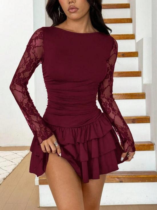 Elegant Patchwork Slim-Fit Waist-Cinching Lace Sleeve Women's Dress with Cake Skirt