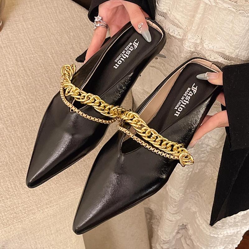 Fashion Pointed Toe Women's Slippers Chain Flats Fashion Mules Shoes Summer Woman 2025 New Designer Sandals Cozy Walking Chaussure Femme