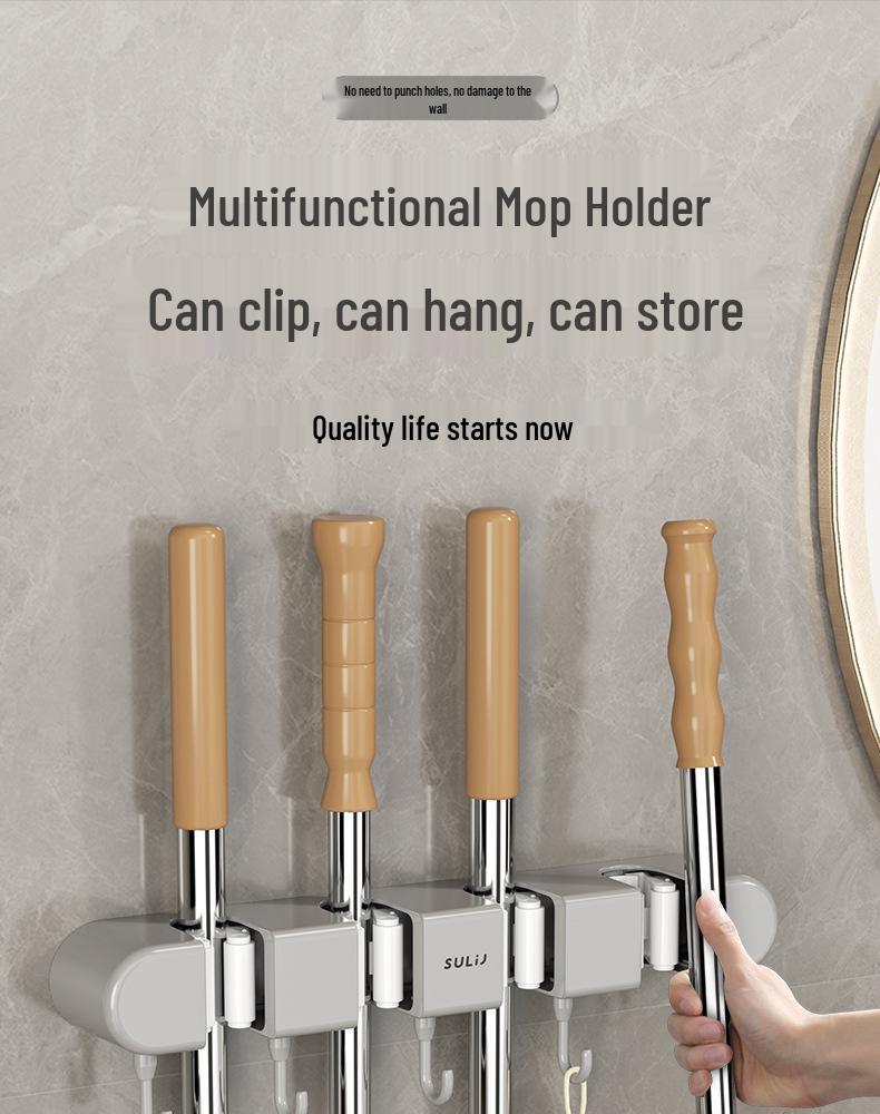Dweil- en Bezemhouder: Klem voor Wandmontage zonder Boren - Multifunctioneel Opbergrek voor Badkamer & Keuken
