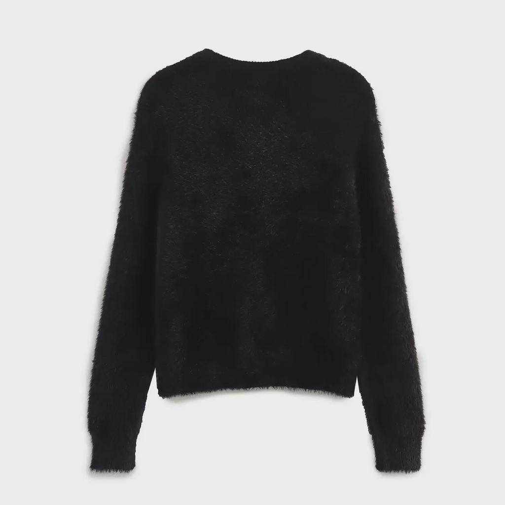 2023 Winter Black Faux Fur Round Neck Knit Sweater Jacket for Women