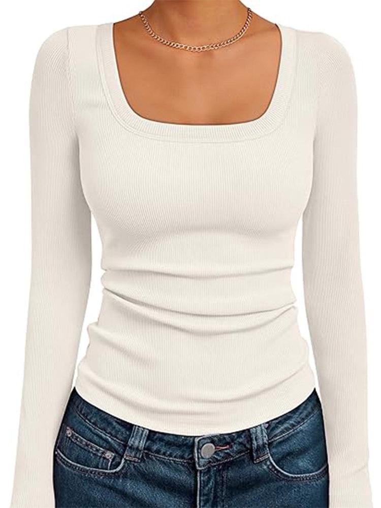 Crop Top da Donna a Maniche Lunghe a Coste con Scollo Quadrato - Stile Autunnale