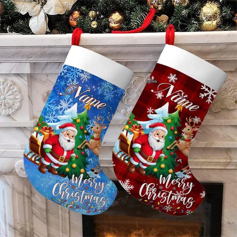 Santa Claus Snowflake Plaid Large Christmas Stocking with Hanging Rope