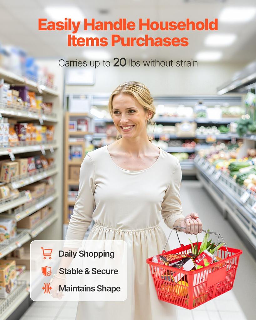 Shopping Baskets, 12 PCS, 21L Stackable PE Plastic Grocery Baskets with Metal Handles, Dense Mesh Structure, Holds up to 9.07kg, Portable for Grocery,