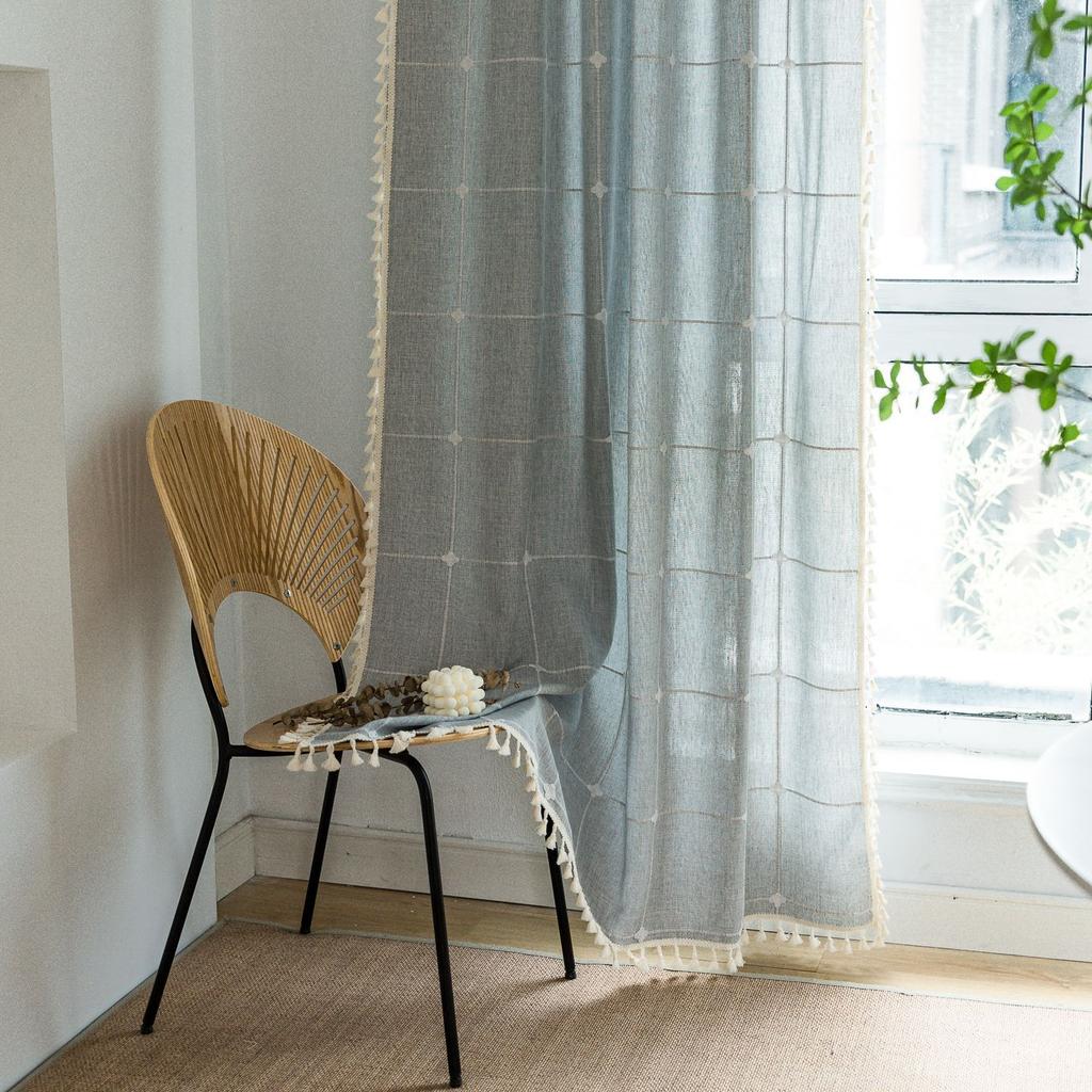 Grey Curtain Finished Product Embroidery Cotton And Linen Solid Color Plaid Coffee Insulation Living Room Kitchen Set Rod Partition Curtain