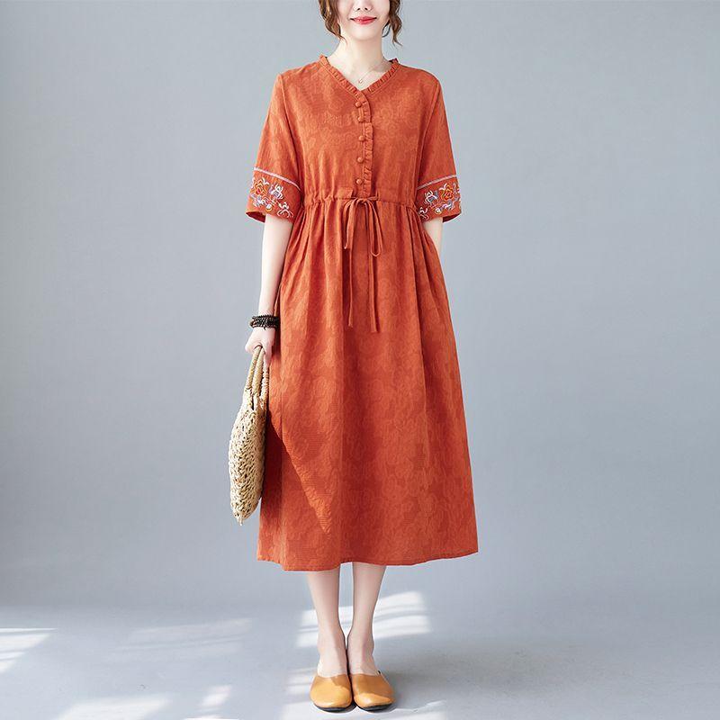 Summer New Fashion Vestidos Women Casual Elegant Cotton Ramie Embroidery Loose Plus Size Vintage Beach Midi Dress M-2XL