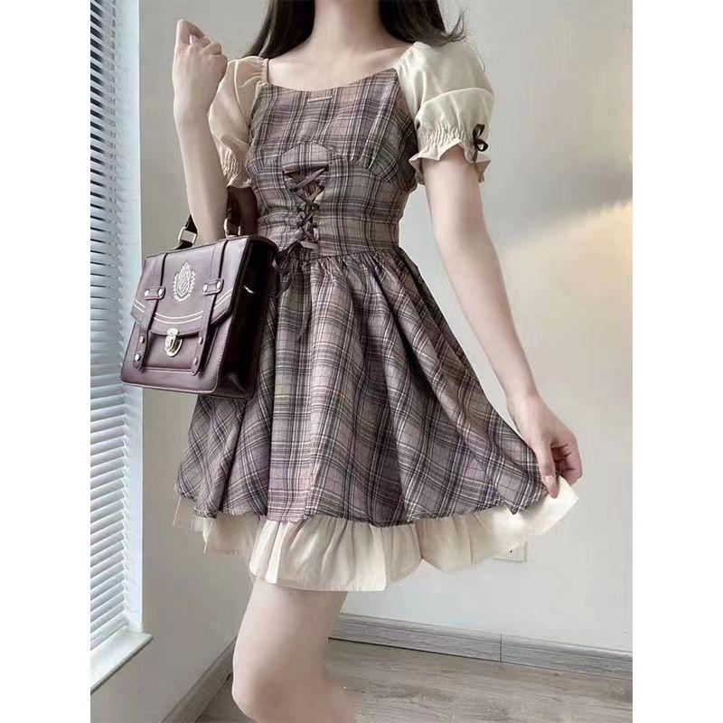 Small fresh square neck plaid waist dress women's summer new sweet college style high waist thin strap short skirt