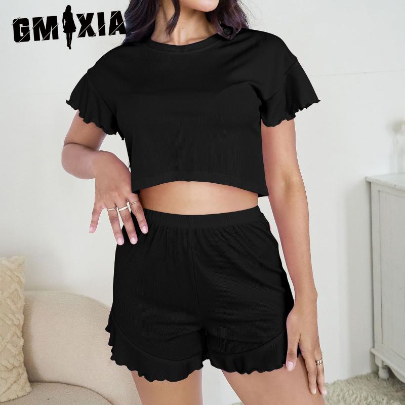 GMXIA Pajamas Ruffled Loose Short Top Shorts Two-piece Set of Women's Loungewear