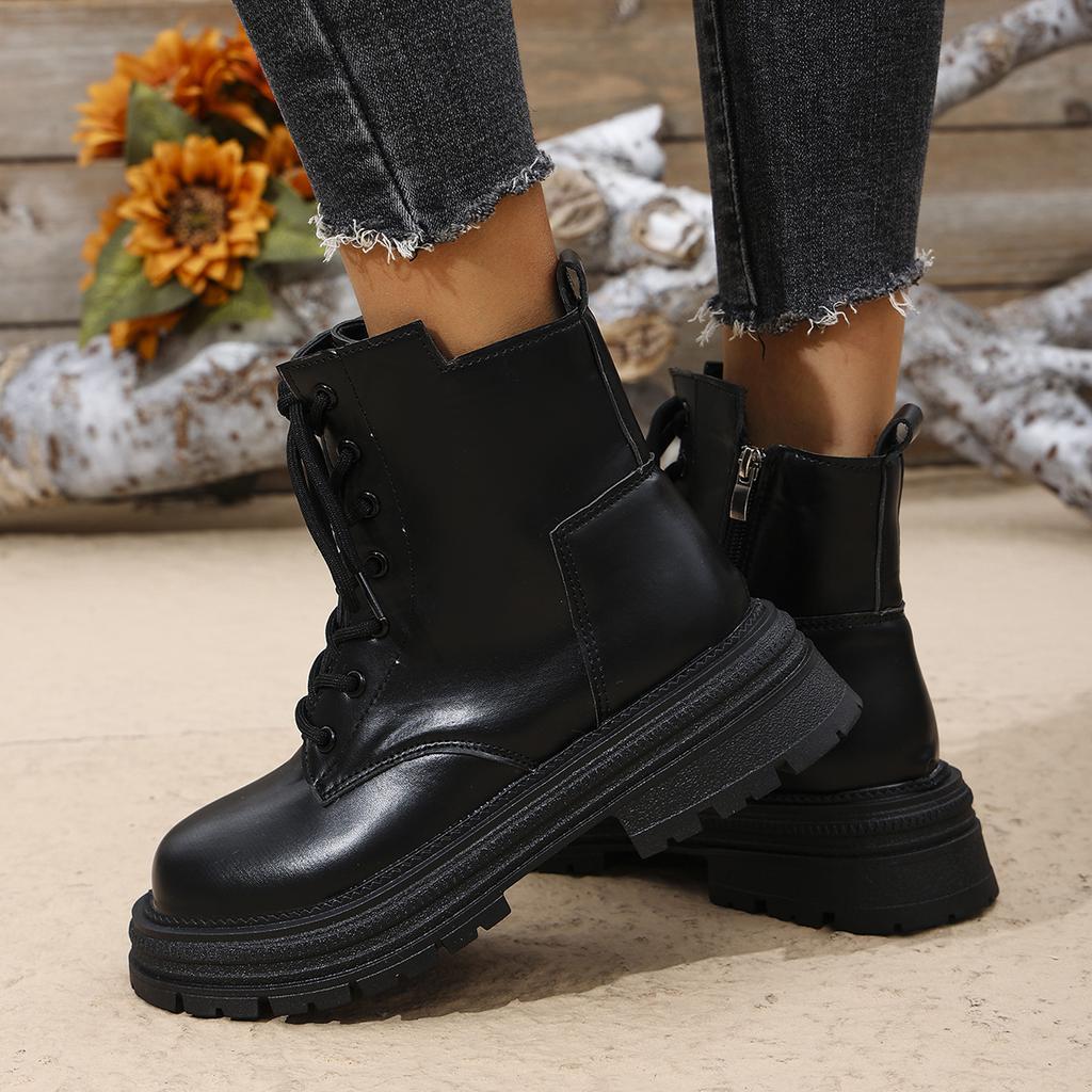 Winter  Ankle Boots Women Fashion Zip Lace Up Platform Combat Boots Woman Comfy Low Heels Pu Leather Botas Mujer Size 36-42