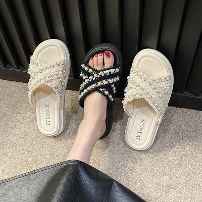 Thick-soled Slippers Women's Summer Korean Version of the New Xiaoxiangfeng Cross Pearl Fashion Outer Wear Muffin Cool Slippers