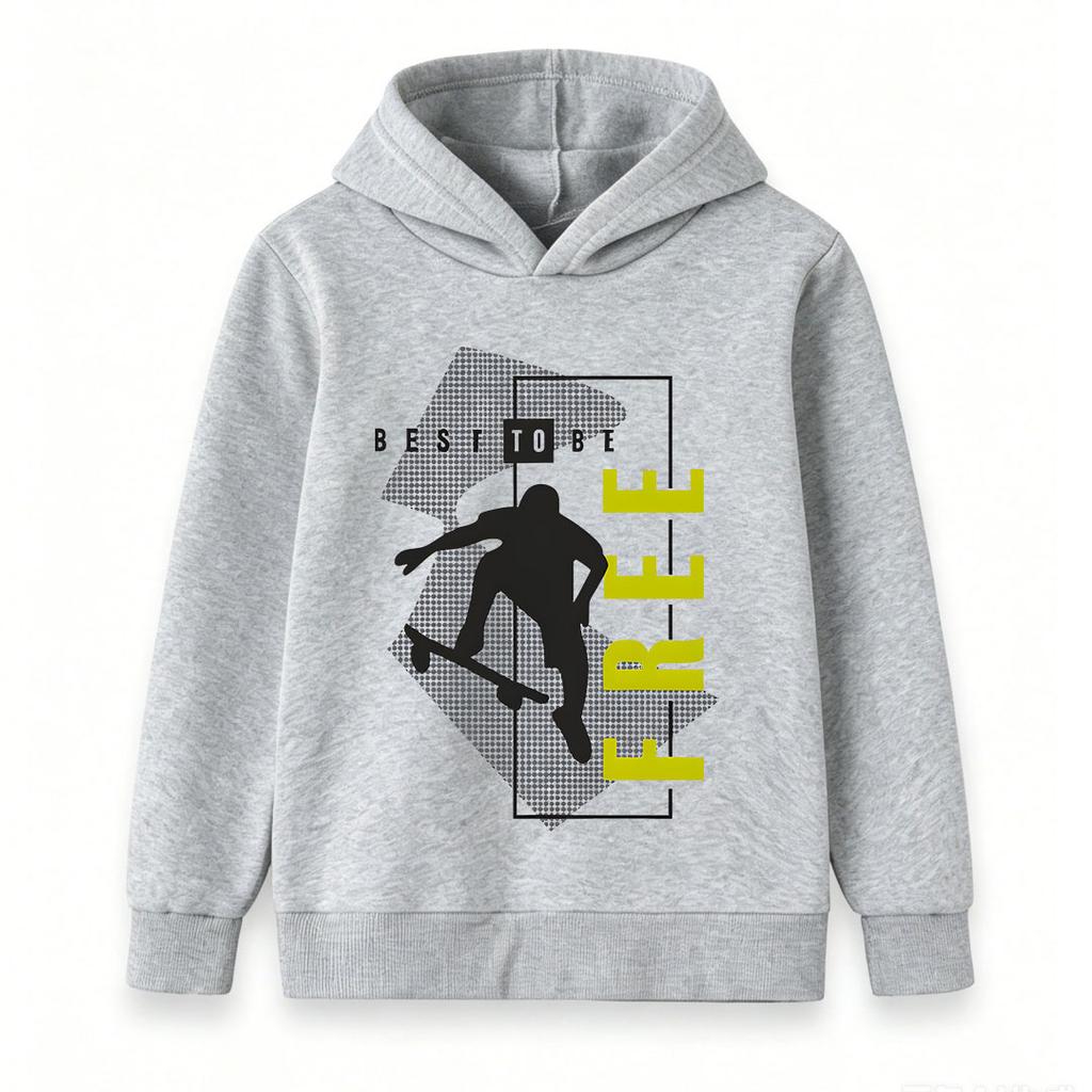 Kids Boys Girls Casual Pullover Hoodie, Cool Skater Silhouette Best To Be Free Graphic Long Sleeve Hooded Sweatshirt for Daily Street Wear Hip Hop Sty