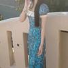 French High-end Blue Floral Dress Women's Summer New Small Unique and Beautiful Long Dress